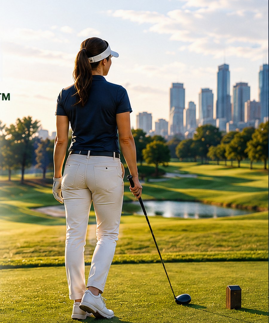 Woman golfer overlooking a course and a city skyline