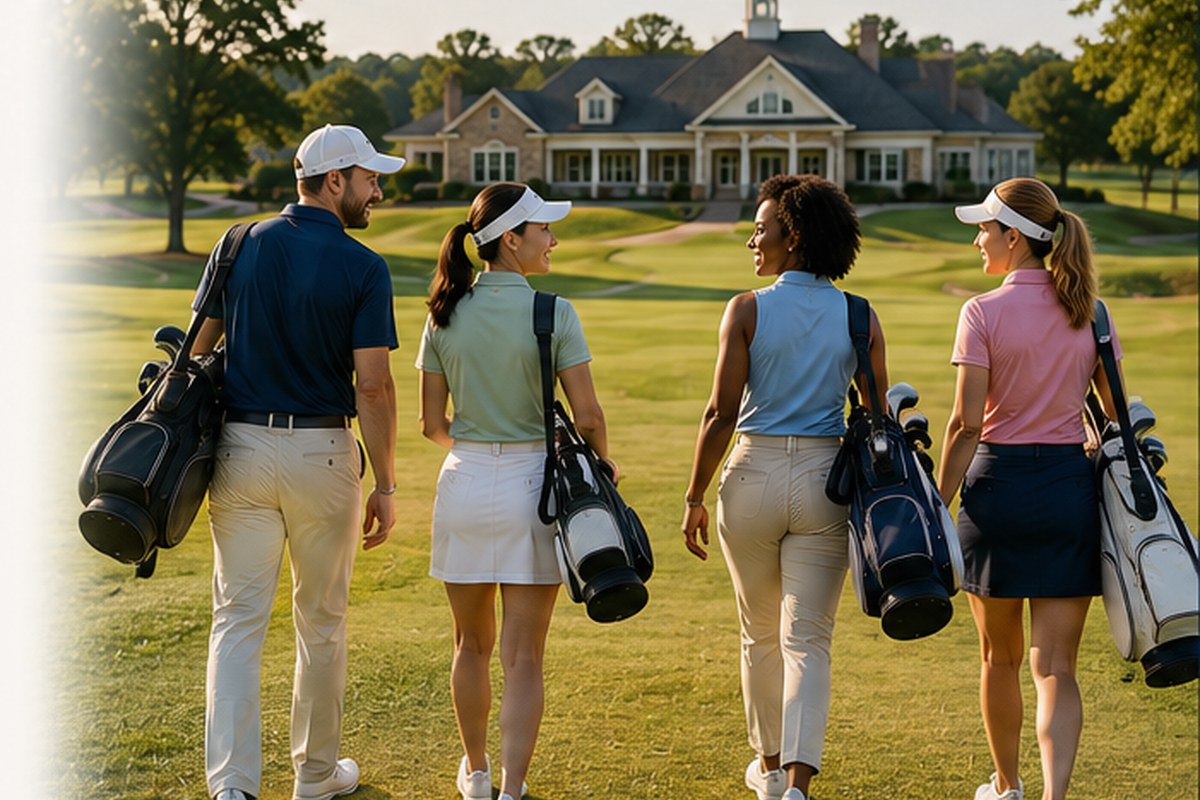 Golfers walking together toward a clubhouse