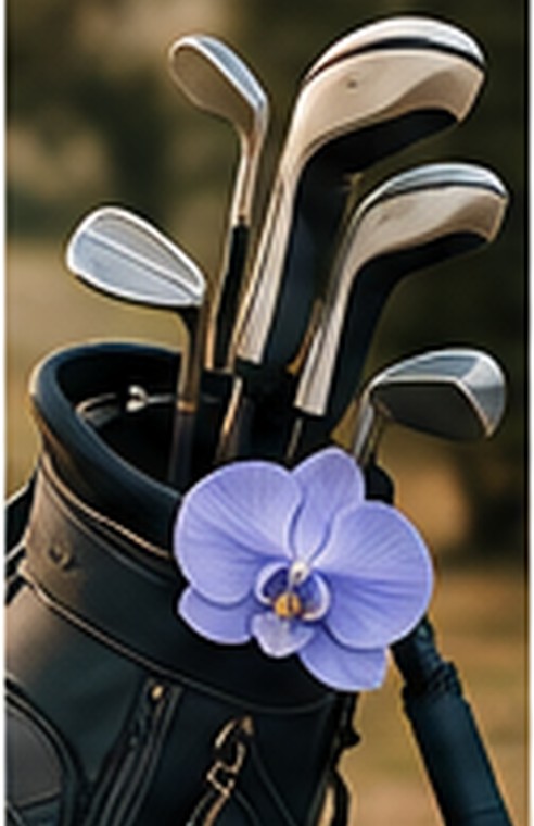 Golf clubs with an orchid detail in a golf bag