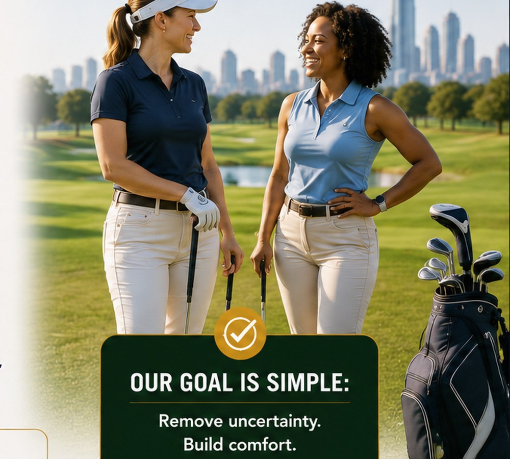 Two women golfers talking beside a golf bag on the course